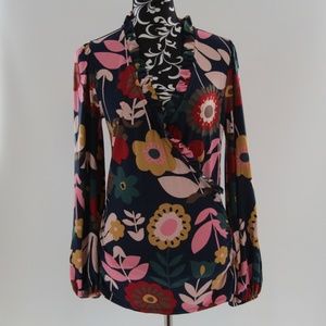 Boden Women Floral Print Faux Wrap Frill Neck TOP Size 10